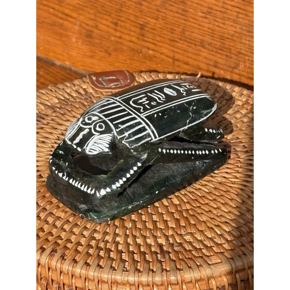 Vintage Carved Egyptian Soapstone Scarab Beetle Paperweight With Hieroglyphics